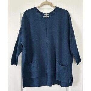 Habitat Sweater Womens M/L Blue Ribbed Boxy Pockets Cotton Relaxed 3/4 Sleeve